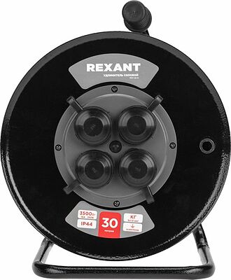 REXANT 13-5011 Удлинитель силовой КГ на катушке 4 гнезда, с/з, 30м, 3х1,5мм², IP44 c защитными крышками, металлическая катушка REXANT