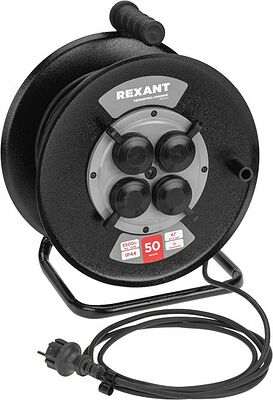 REXANT 13-5013 Удлинитель силовой КГ на катушке 4 гнезда, с/з, 50м, 3х1,5мм², IP44 c защитными крышками, металлическая катушка REXANT