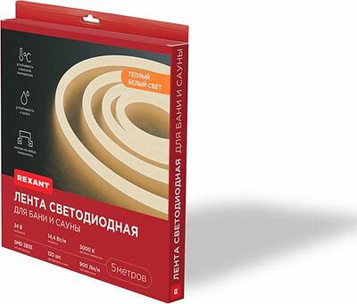 REXANT 141-641 Лента светодиодная для бани и сауны 24В, SMD2835, 14,4Вт/м, 120 LED/м, 3000K, 16мм, 5м, IP68 REXANT
