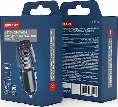 REXANT 16-0242 Автомобильное зарядное устройство с двумя портами (USB-A QC 3.0 + USB-C PD) со световой индикацией, 38Вт, черное REXANT