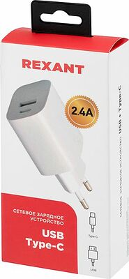 REXANT 16-0296 Сетевое зарядное устройство REXANT USB + Type-C, 5V, 2.4 A, белое