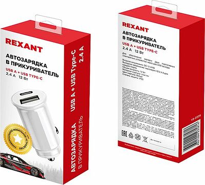 REXANT 18-2229 Автозарядка в прикуриватель REXANT АЗУ USB-A+USB-C, 2.4 A белая