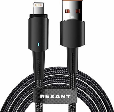 REXANT 18-7058 Кабель USB-A – Lightning, 2,4А, 1м, в черной нейлоновой оплетке, со световой индикацией REXANT