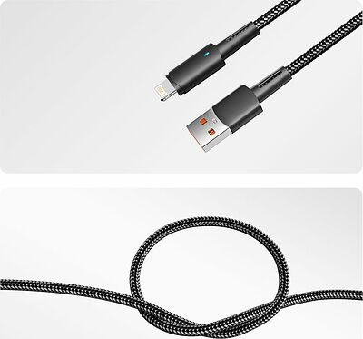 REXANT 18-7058 Кабель USB-A – Lightning, 2,4А, 1м, в черной нейлоновой оплетке, со световой индикацией REXANT