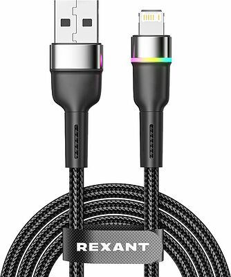 REXANT 18-7059 Кабель USB-A – Lightning, 2,4А, 1м, в черной нейлоновой оплетке, с LED-подсветкой REXANT