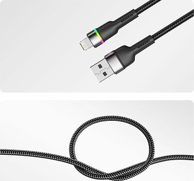 REXANT 18-7059 Кабель USB-A – Lightning, 2,4А, 1м, в черной нейлоновой оплетке, с LED-подсветкой REXANT