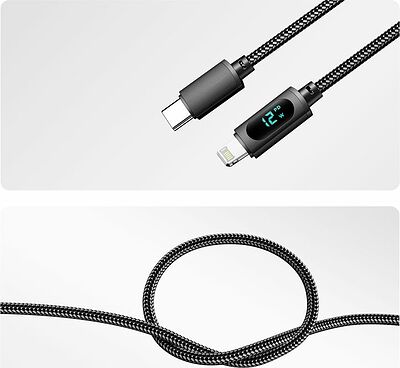 REXANT 18-7062 Кабель USB-A – Lightning, 2,4А, 1м, в черной нейлоновой оплетке, c LED-дисплеем REXANT