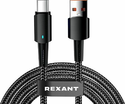 REXANT 18-7064 Кабель USB-A – Type-C, 6А, 66Вт, 1м, в черной нейлоновой оплетке, со световой индикацией REXANT