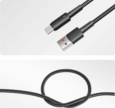 REXANT 18-7064 Кабель USB-A – Type-C, 6А, 66Вт, 1м, в черной нейлоновой оплетке, со световой индикацией REXANT