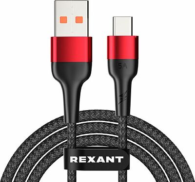 REXANT 18-7066 Кабель USB-A – Type-C, 5А, 50Вт, 1м, в черной нейлоновой оплетке REXANT