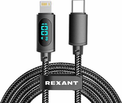REXANT 18-7068 Кабель Type-C – Lightning, 3А, 1м, в черной нейлоновой оплетке, с LED-дисплеем REXANT