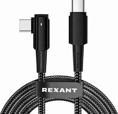 REXANT 18-7070 Кабель Type-C – Type-C, 5А, 100Вт, 1м, в черной нейлоновой оплетке, с угловым штекером и световой индикацией REXANT