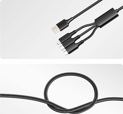 REXANT 18-7075 Кабель USB 3в1 Type-С (6A), Lightning (2,4A), micro USB (3A) 1,2м, в черной оплетке REXANT