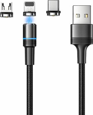REXANT 18-7076 Кабель USB 3в1 со съемными магнитными портами, Type-С (2A), Lightning (2,4A), Micro USB (2A), 1,2м, в черной оплетке, с LED подсветкой REXANT