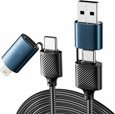 REXANT 18-7094 Кабель 4в1 USB-A, Type-C, Type-C, Lightning 65Вт, 1м, в черной нейлоновой оплетке REXANT