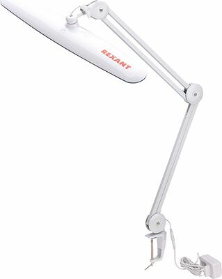 REXANT 31-0409 Лампа настольная бестеневая, струбцина, Blue Stream, 117 SMD LED, диммер (4 уровня), белая REXANT