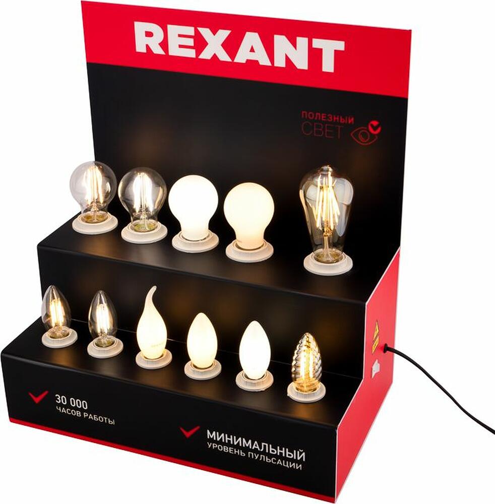 REXANT 604-802 Демо-тестер акриловый для ФИЛАМЕНТА, AC 220V, со шнуром питания 1,2м, с выключателем на корпусе, цоколи E14 E27 REXANT