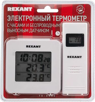 REXANT 70-0592 Термометр электронный с часами и беспроводным выносным датчиком REXANT